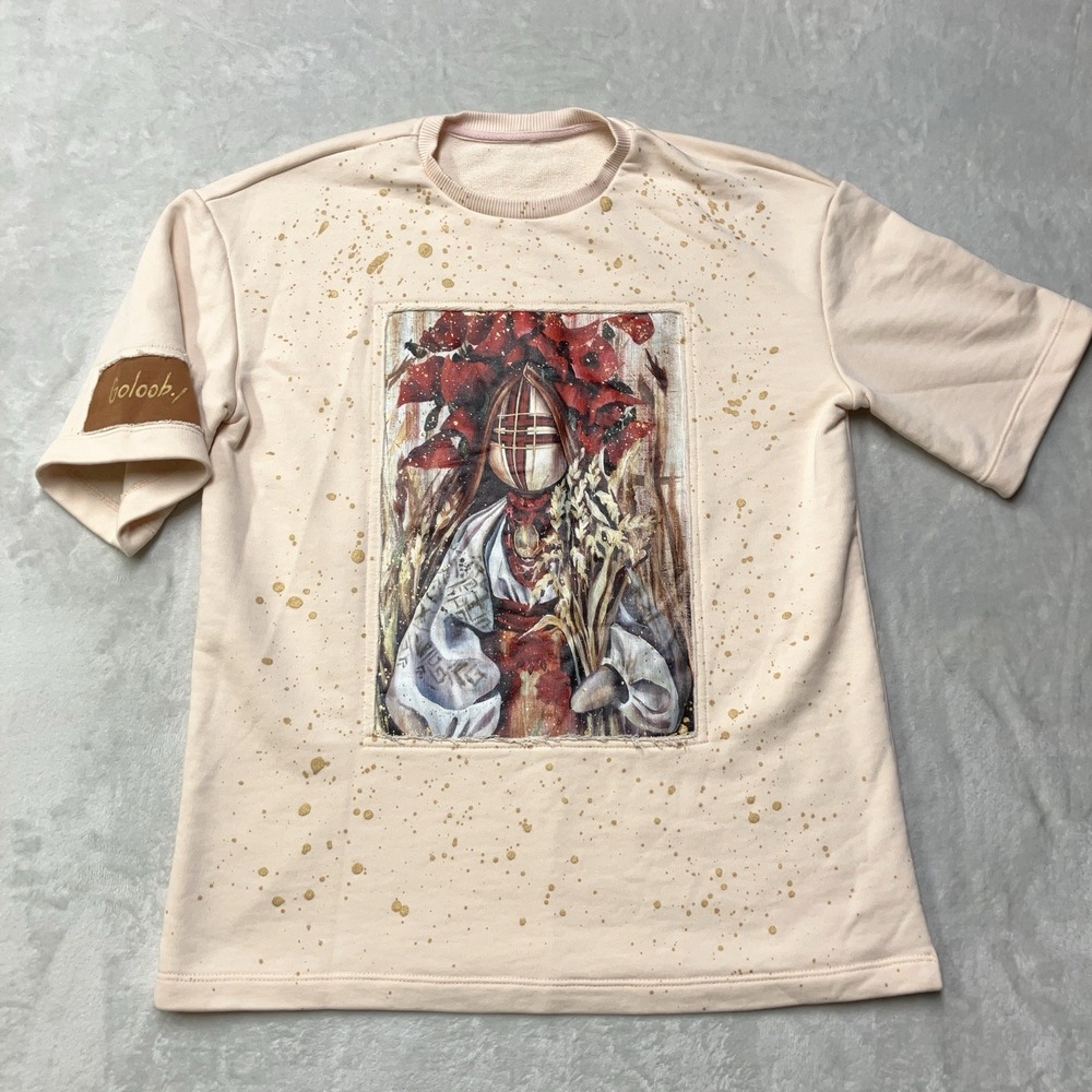 Custom Handpainted Ukranian Motanka Tailsman Doll Boxy Thick T-Shirt Art Upcycle